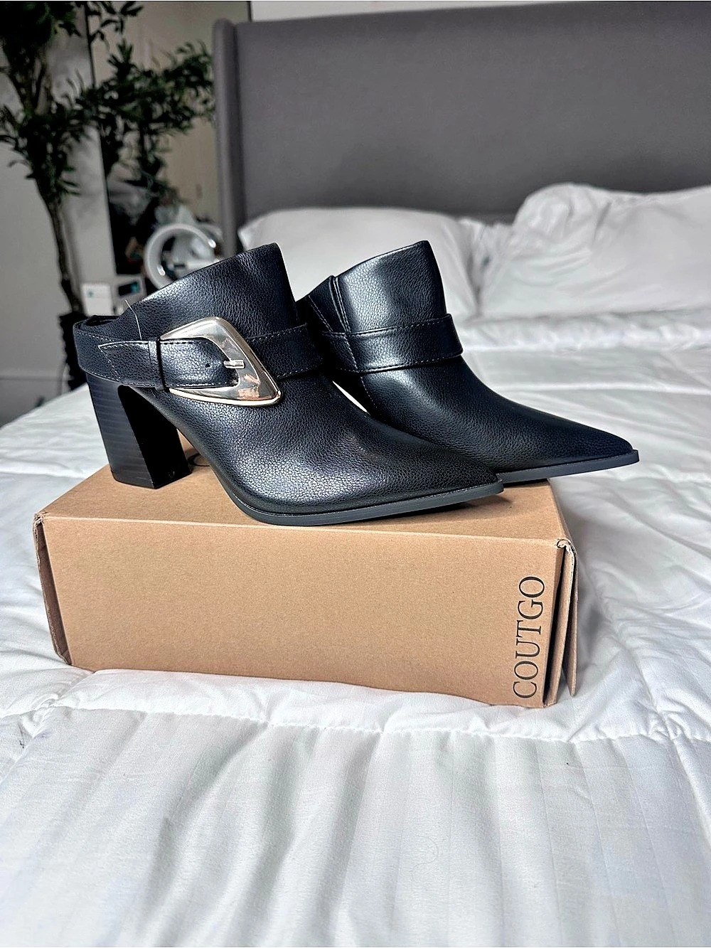 Coutgo Pointed Toe Chunky Block Heel Buckle Mules - Black